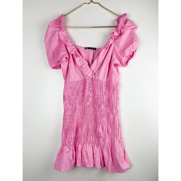 Zara Bubble Gum Pink Linen Blend Mini Dress Women’s Size Medium M Barbie - Picture 4 of 9